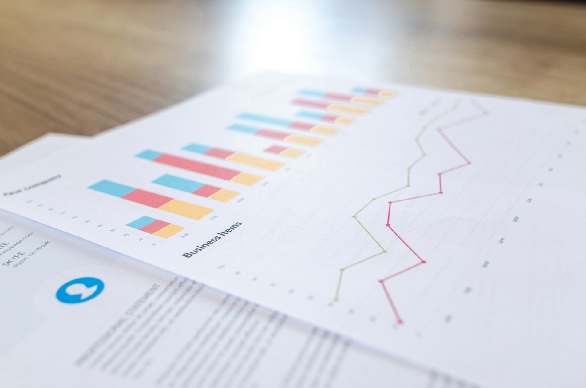 an out-of-focus photo of a sheet of paper with line and bar graphs on it